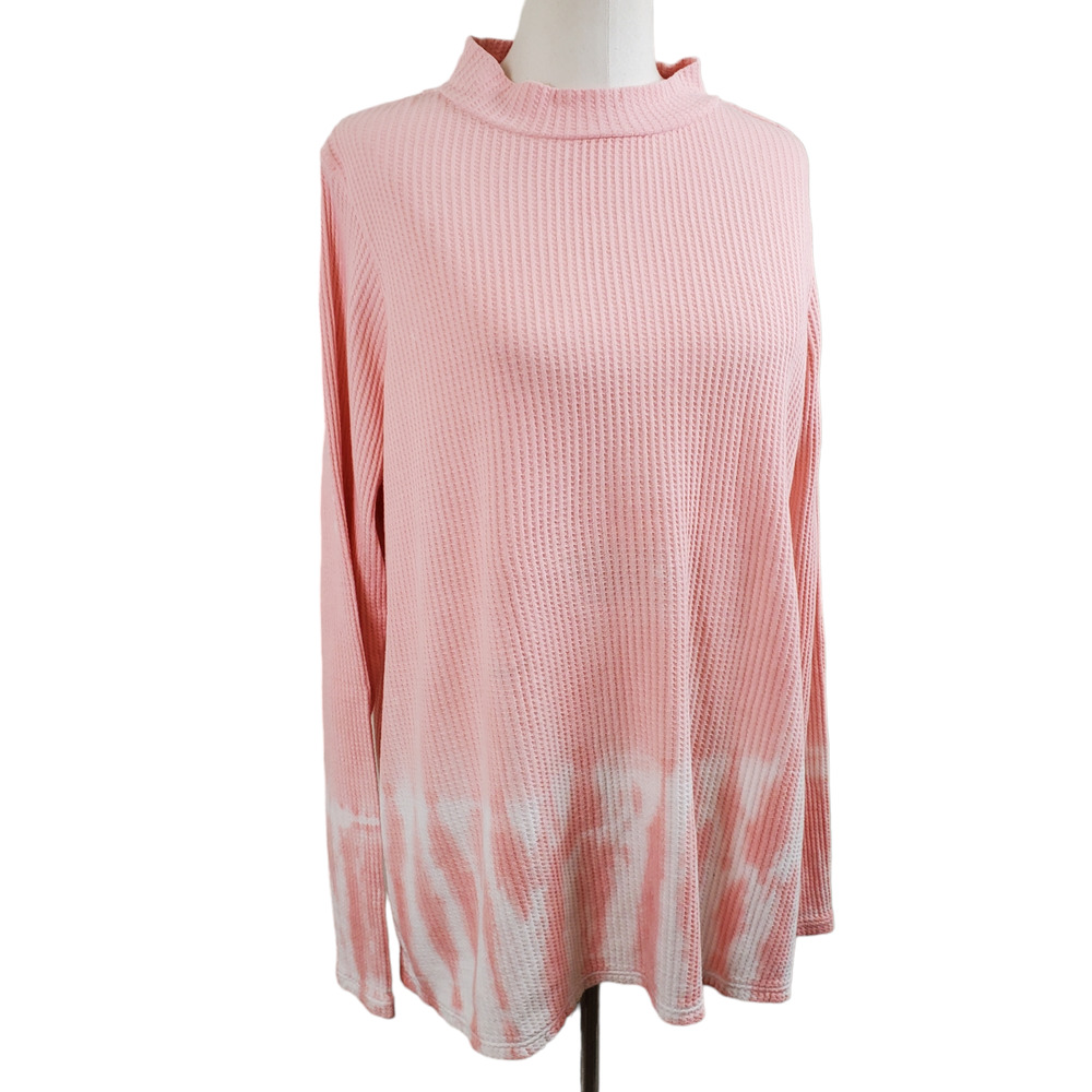 WONDERLY | PINK PEONY WAFFLE KNIT TIE DYE BACK DETAIL TUNIC TOP WOMEN'S LARGE